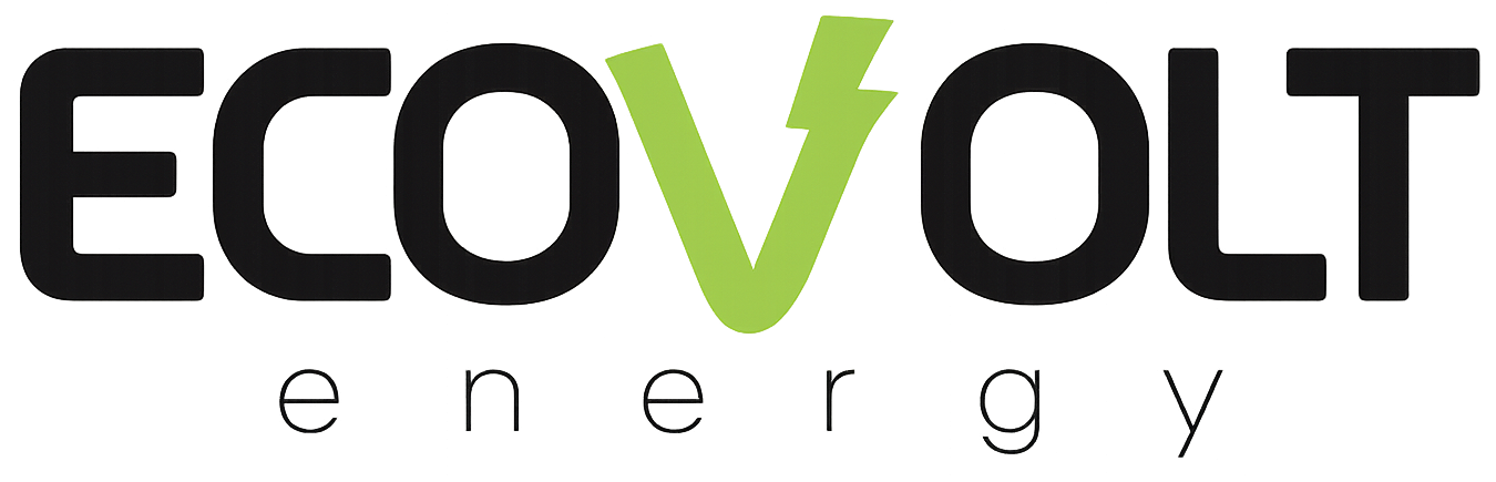 Logo of Ecovolt Energy featuring the name in black with a green lightning bolt.